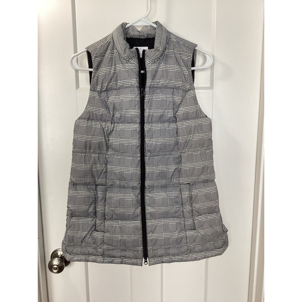J Jill Women's Down Houndstooth Full Zip Puffer Vest Outdoor Black White Size XS